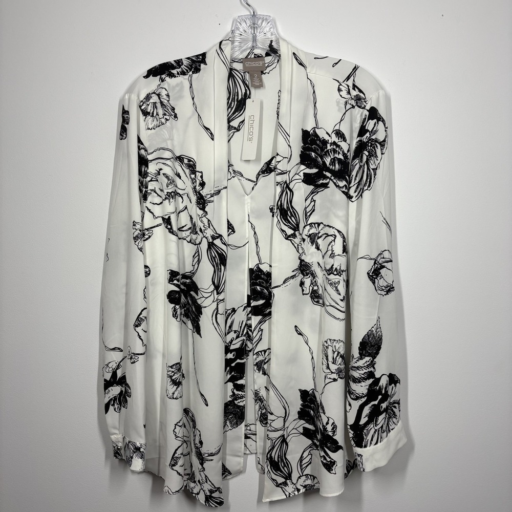 Chico's Black and White Floral Long Sleeve Blouse